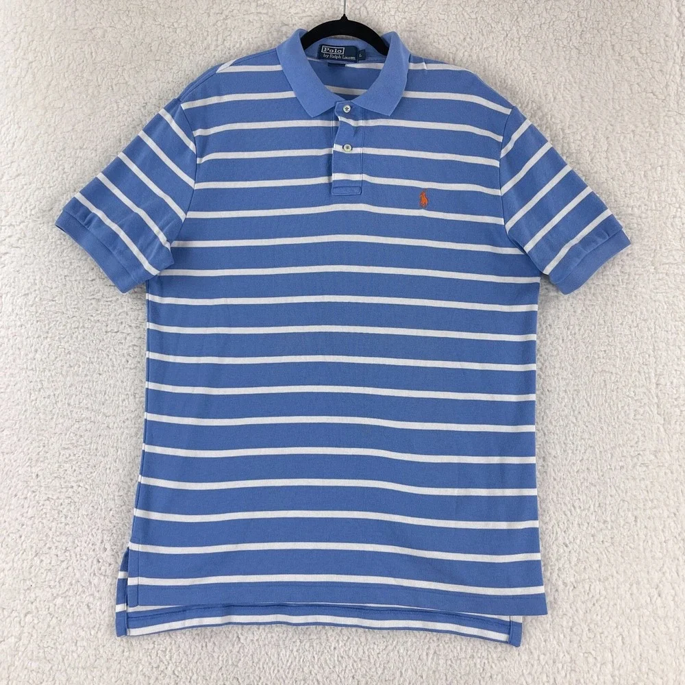 Polo Ralph Lauren Blue White Stripe Polo Shirt Mens Short Sleeve Size‎ Large